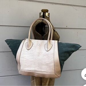 Pour La Victoire Maison Croc-Embossed Leather Tote Bag in Green Suede and Tan